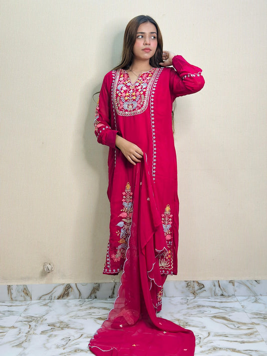 Multicolour floral embroidery - Georgette material - Full dress set